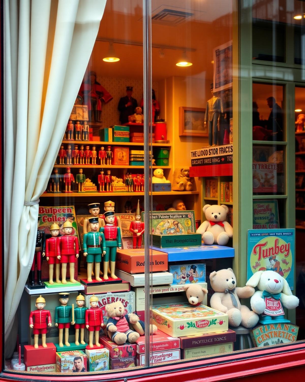 Vintage window display at Figpickels Toy Emporium with wooden soldiers and plush bears